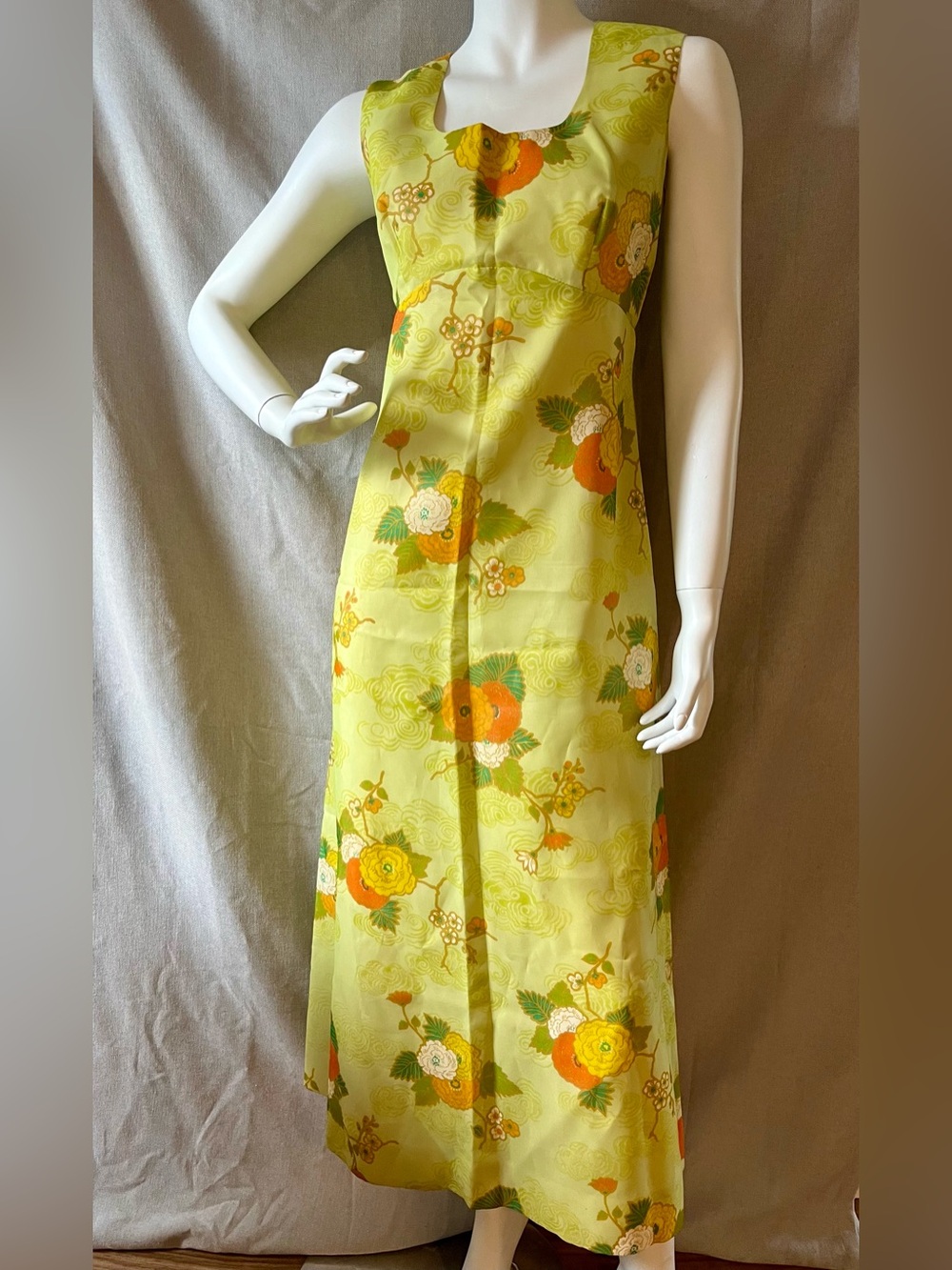 60's Sleeveless Lined Dress in Mint with Orange & Yellow Blooms
